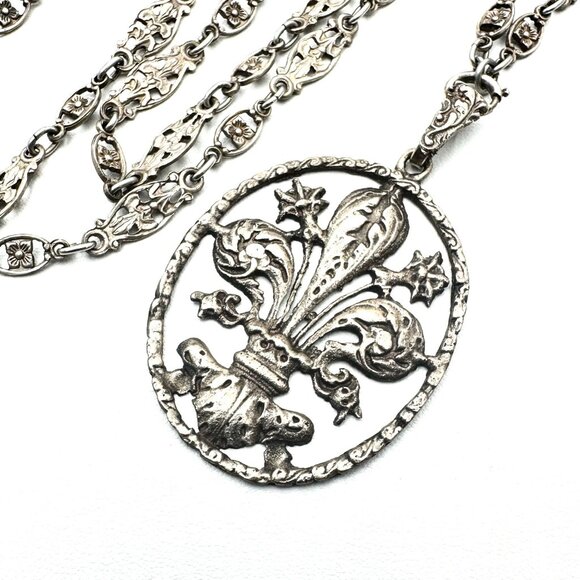 Antique Italy Unsigned Peruzzi Gothic Fleur De Lis Pendant Chain 800 Silver - Picture 1 of 5